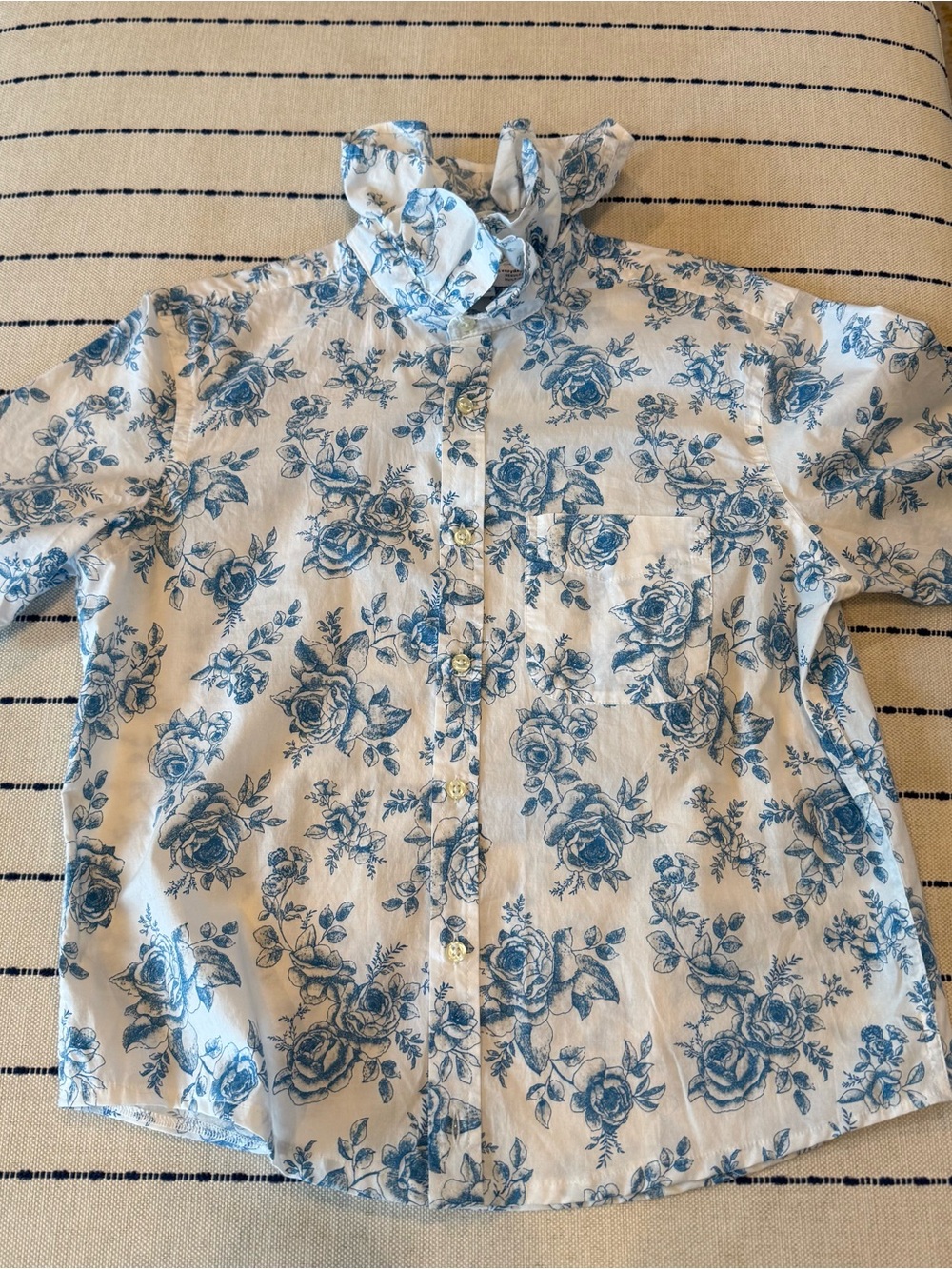 Old Navy Reworked Button-Down Shirt with Blue Floral Print & added ruffle collar